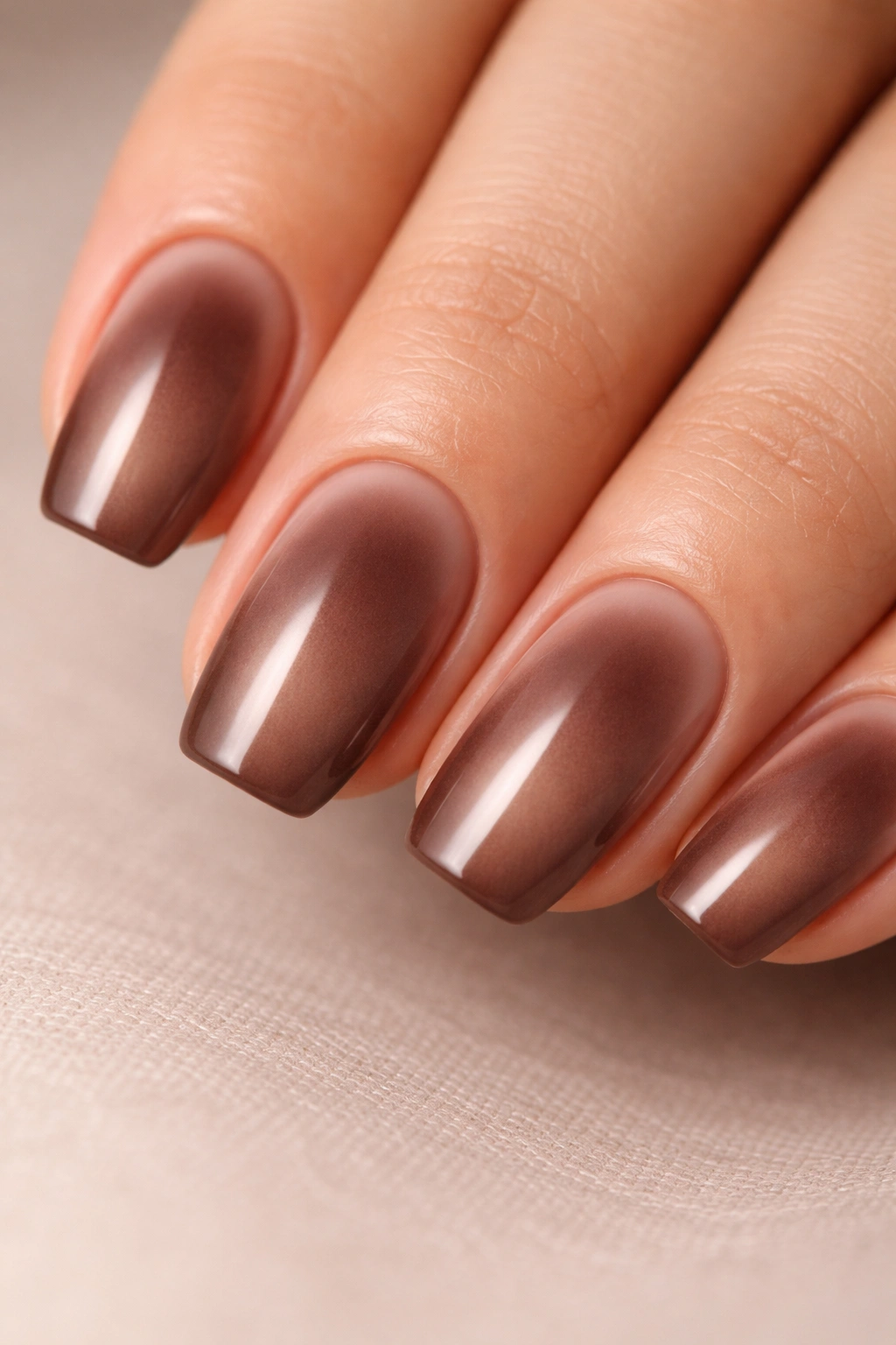 Close-up of smoky aura nails on short coffin nails in plum or cocoa with a centered hazy glow