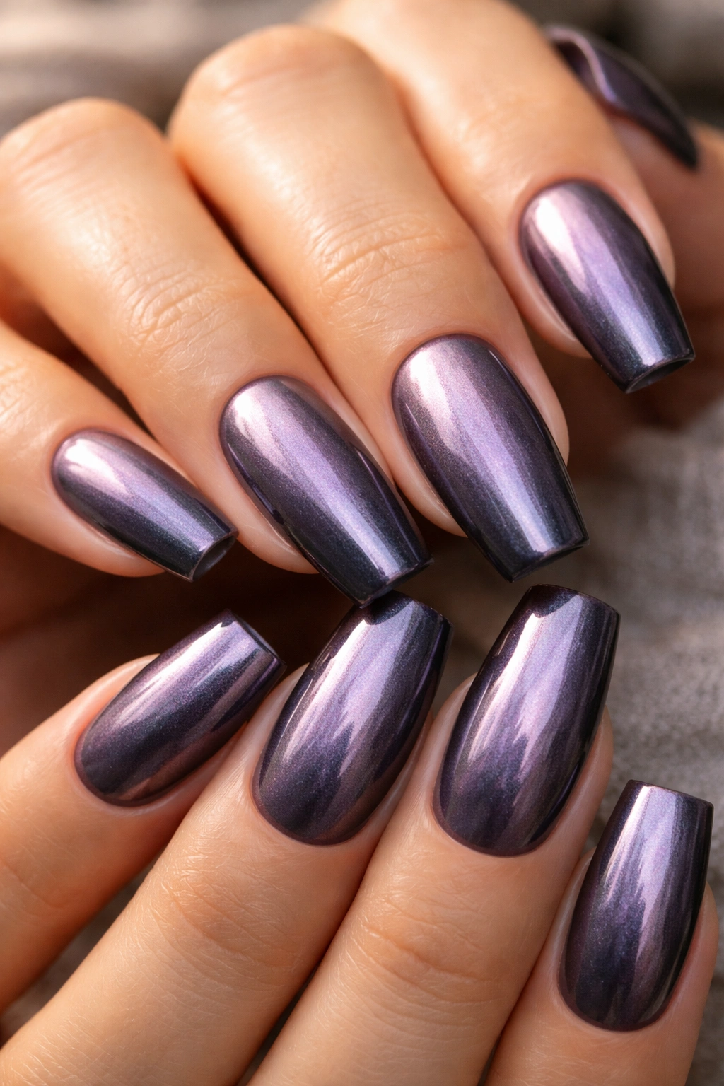 Charcoal base nails with smoky lilac chrome