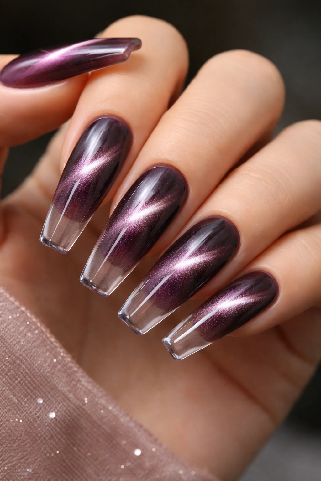 Smoky plum cat eye nails with translucent tips