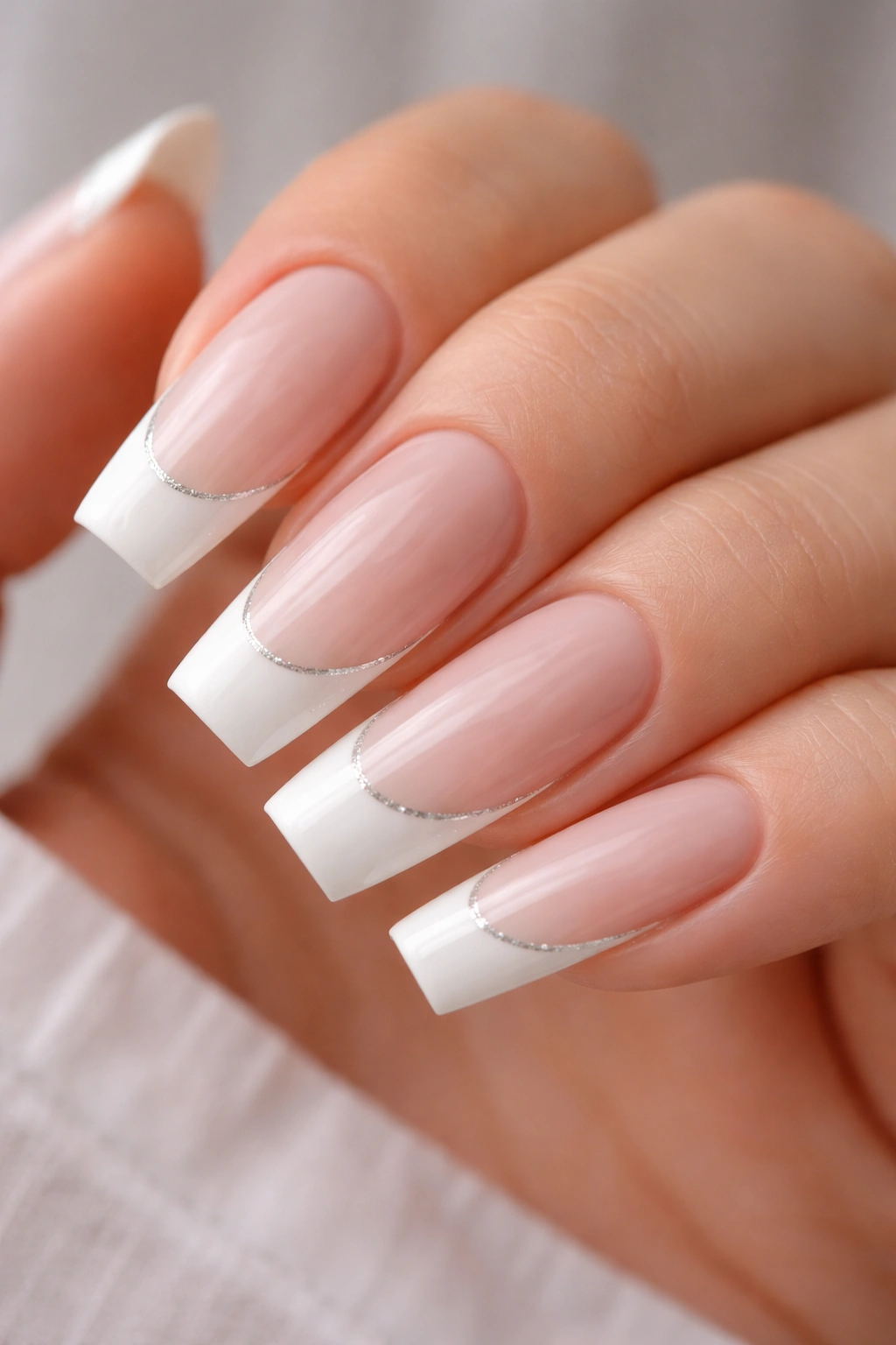 Close-up of white tips with a silver pinstripe on a ballerina nail