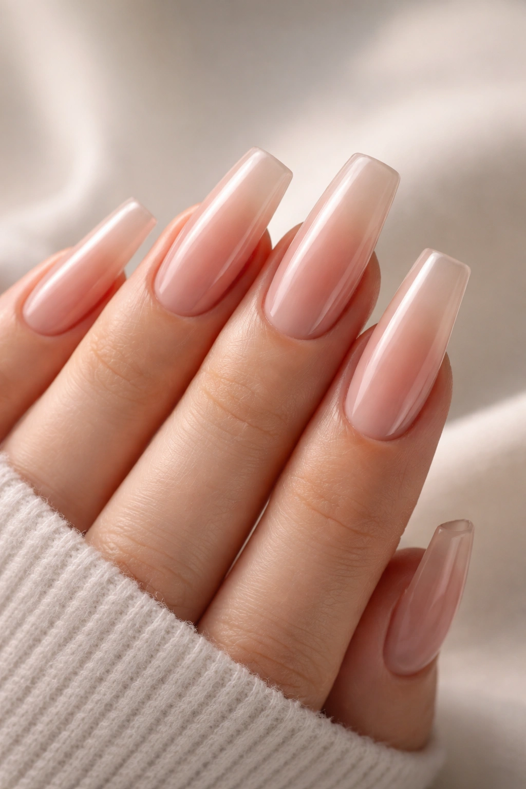 Close-up of translucent pink-beige jelly coffin nails with high-gloss soap-gloss finish on a hand.