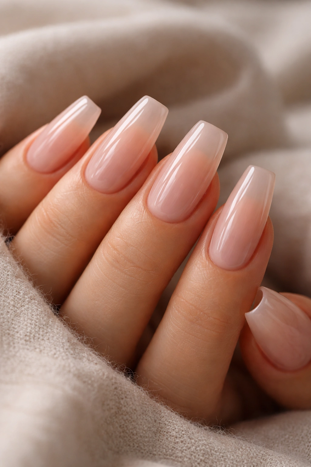 Close-up of translucent pink-beige jelly coffin nails with glossy finish