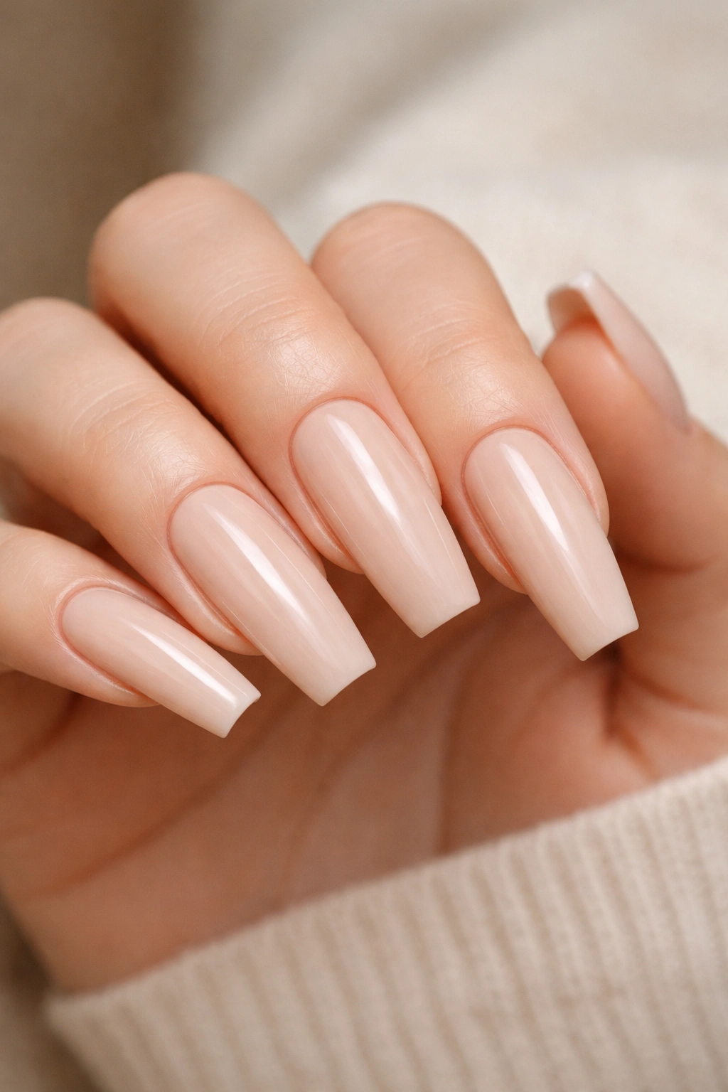 Soft beige nude coffin nails with warm undertone on a hand