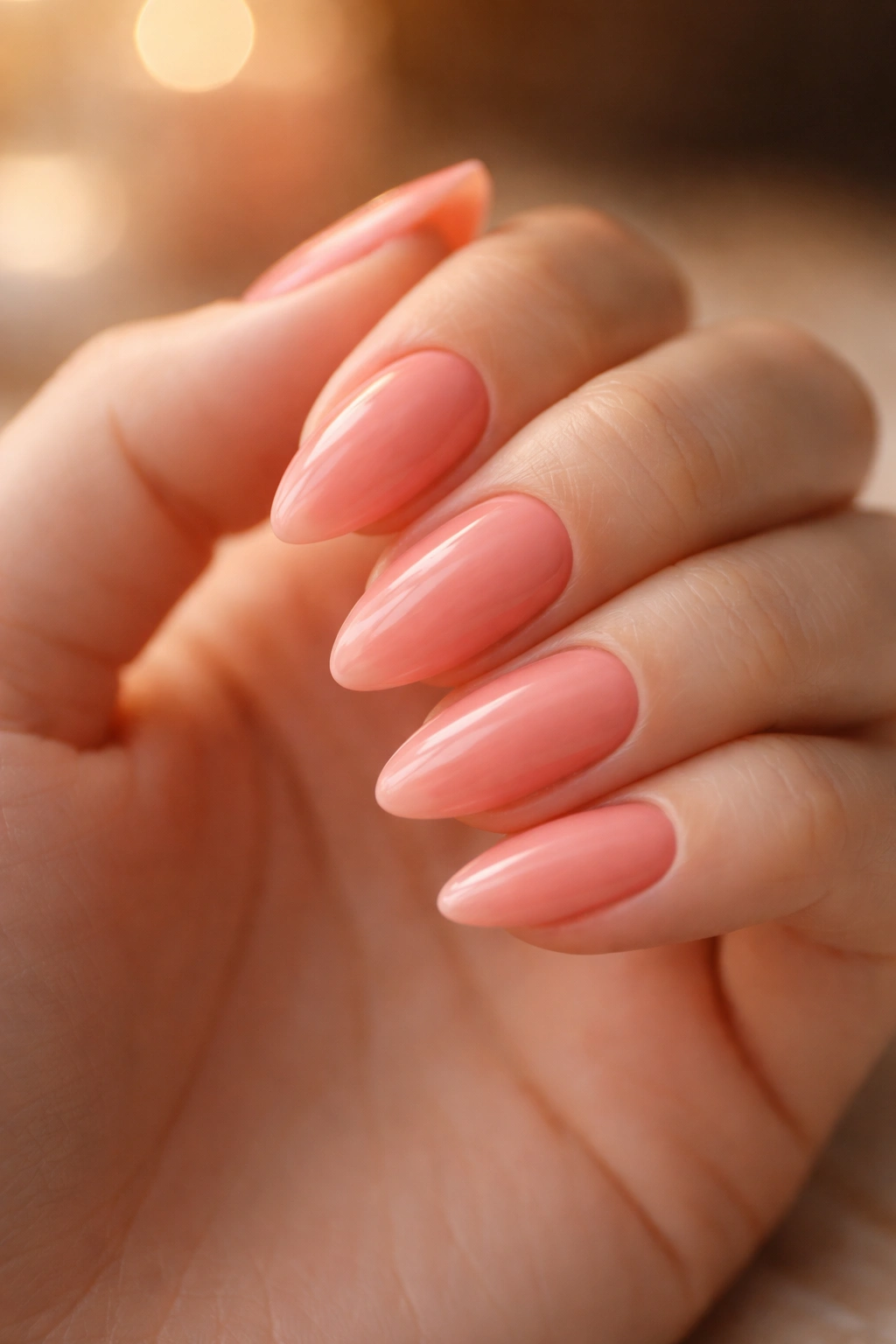 Close-up of almond nails in soft coral pink with creamy gloss