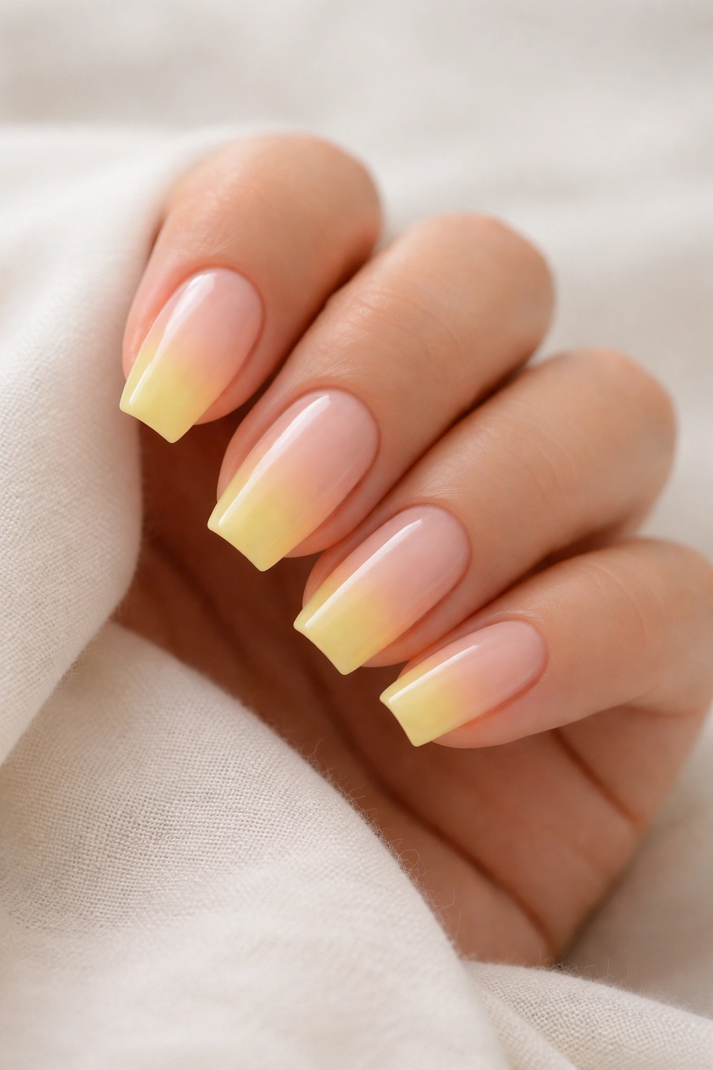 Short coffin nails with soft custard fade tip