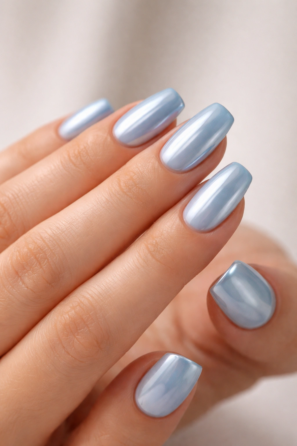 Short light blue chrome coffin nails with a soft edge