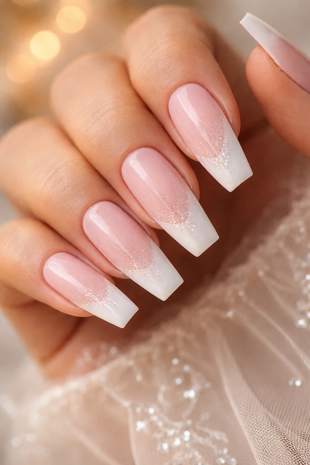 Nails with light pink base, white tips and soft glitter for a wedding look