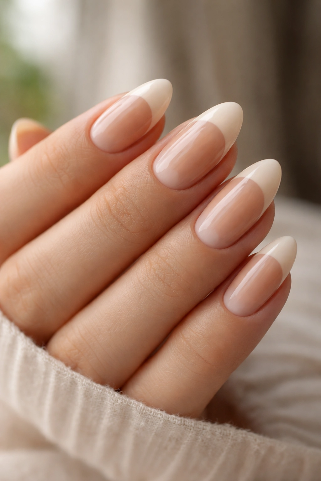 Nude almond nails with soft half-moon near cuticle