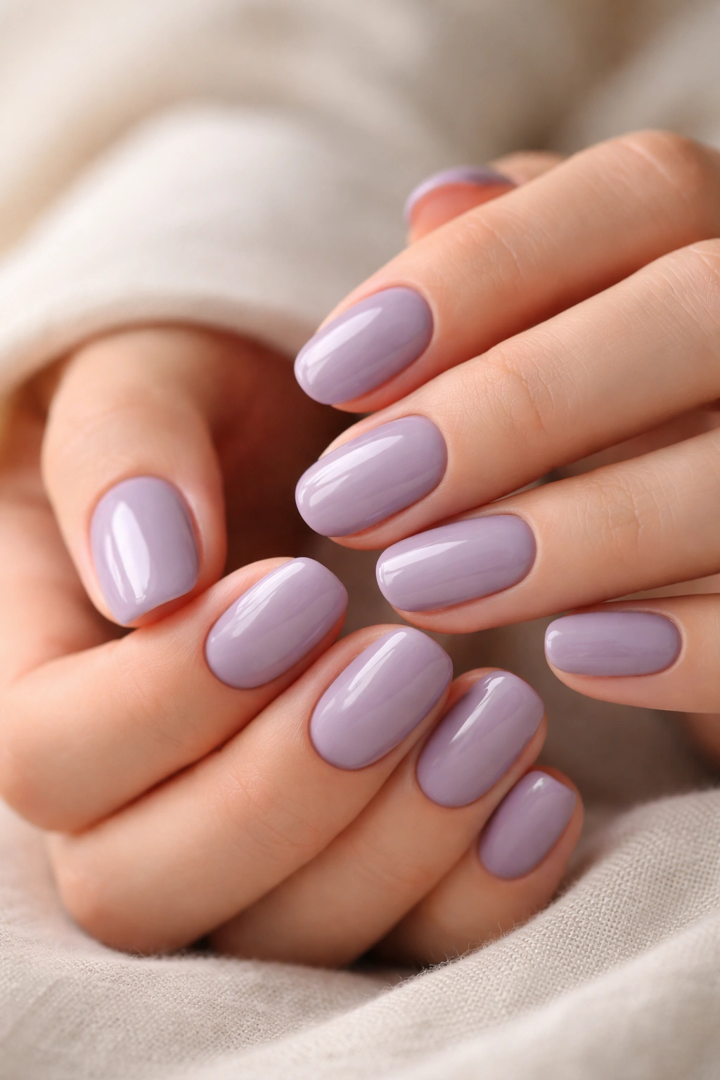 Close-up of short oval nails with soft lavender gloss and high shine