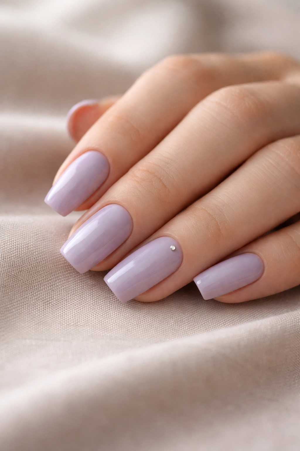 Soft lavender coffin nails on short length with a tiny silver dot accent