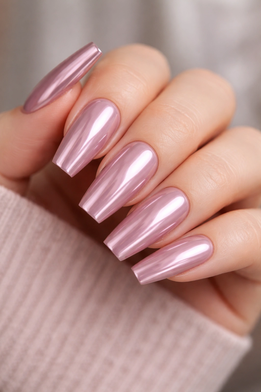 Close-up of soft mauve-pink chrome coffin nails with glossy finish