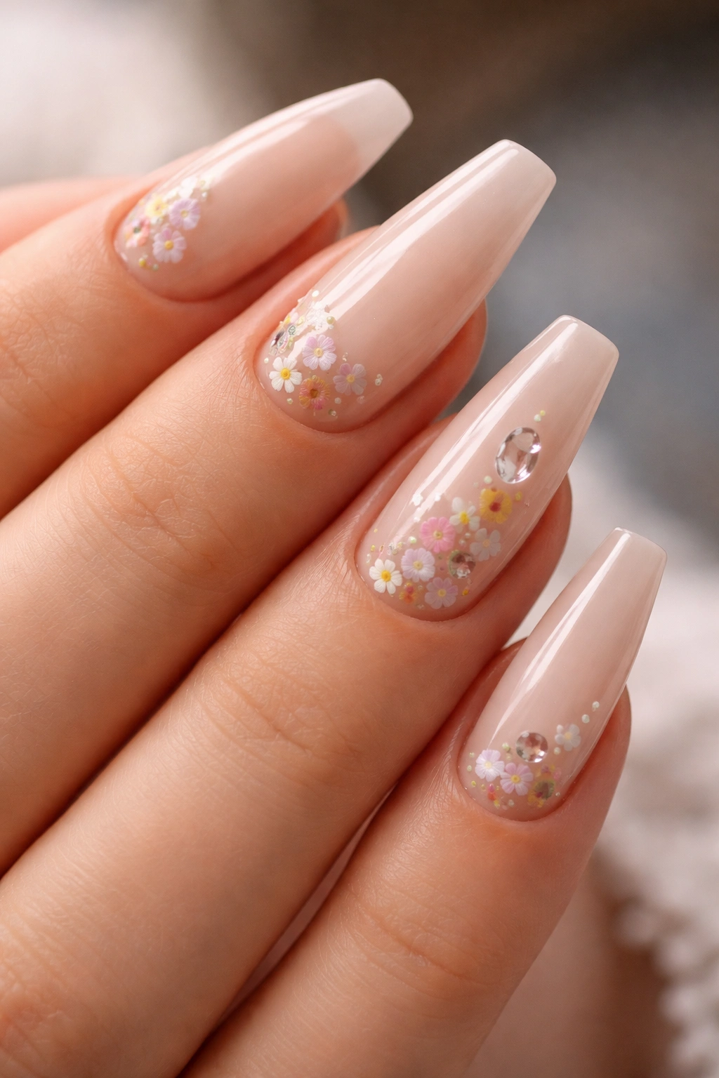 Close-up of soft nude coffin nails with micro flowers and dewdrop crystals.