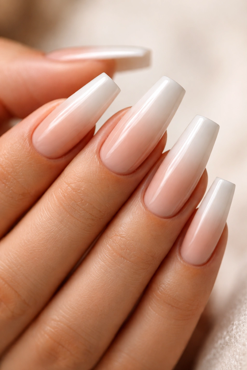Close-up of soft nude-to-white ombre coffin nails