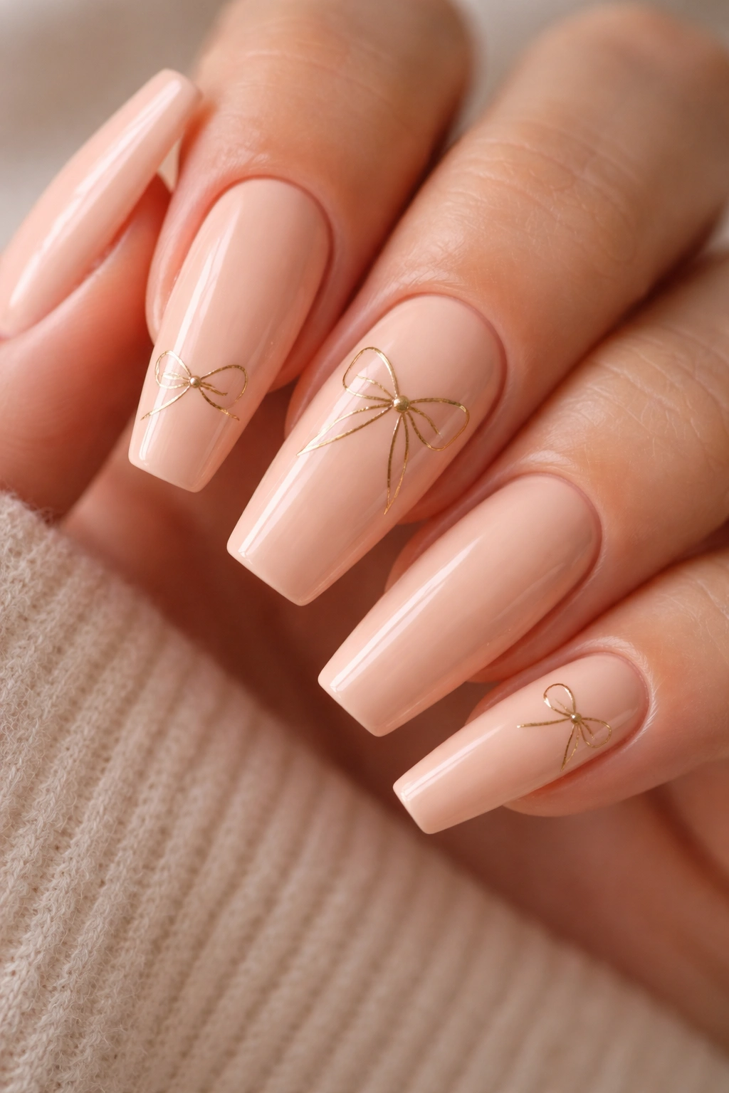 Close-up of soft peach coffin nails with gold-outline bows