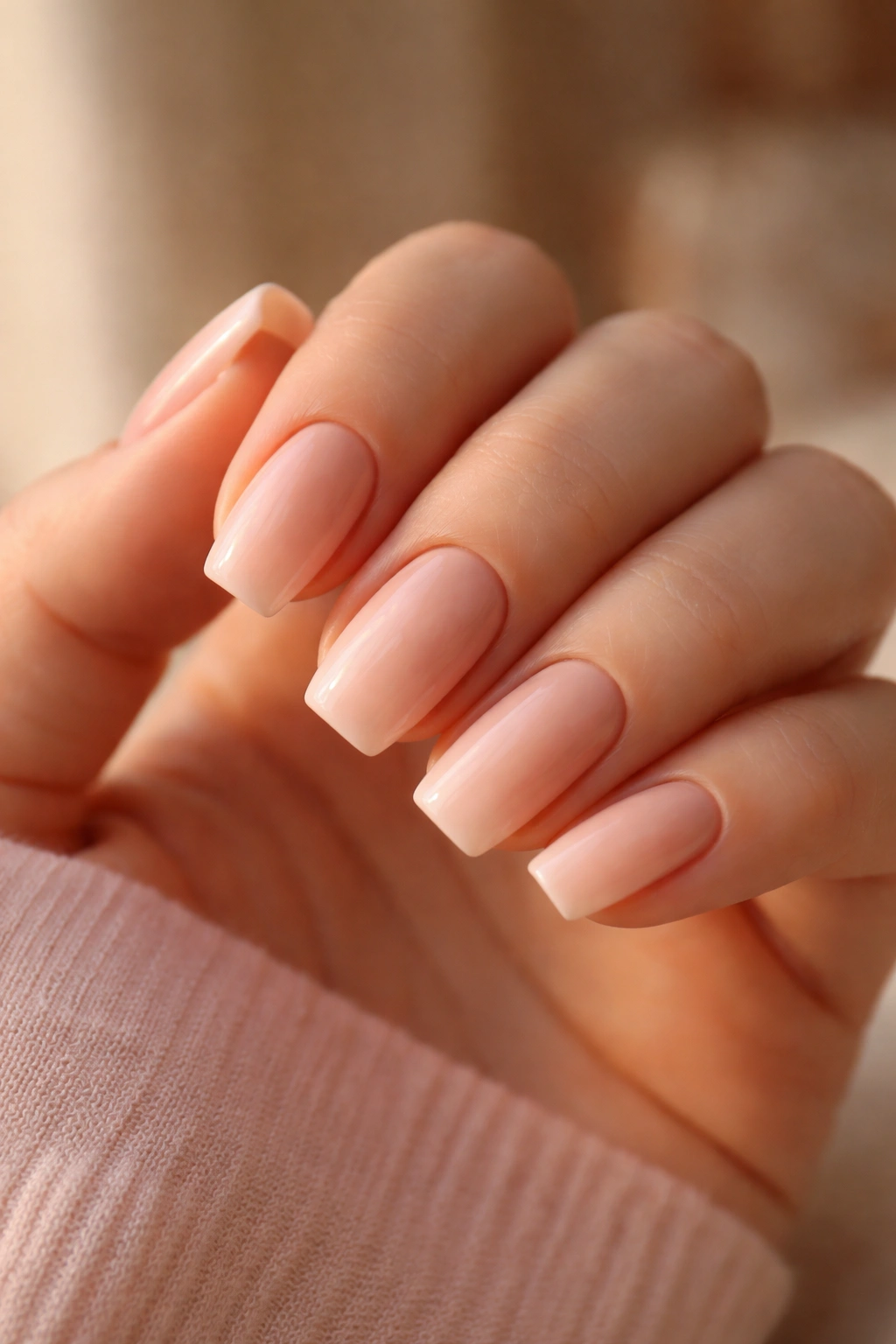 Close-up of short coffin nails in soft peach nude shade with warm lighting