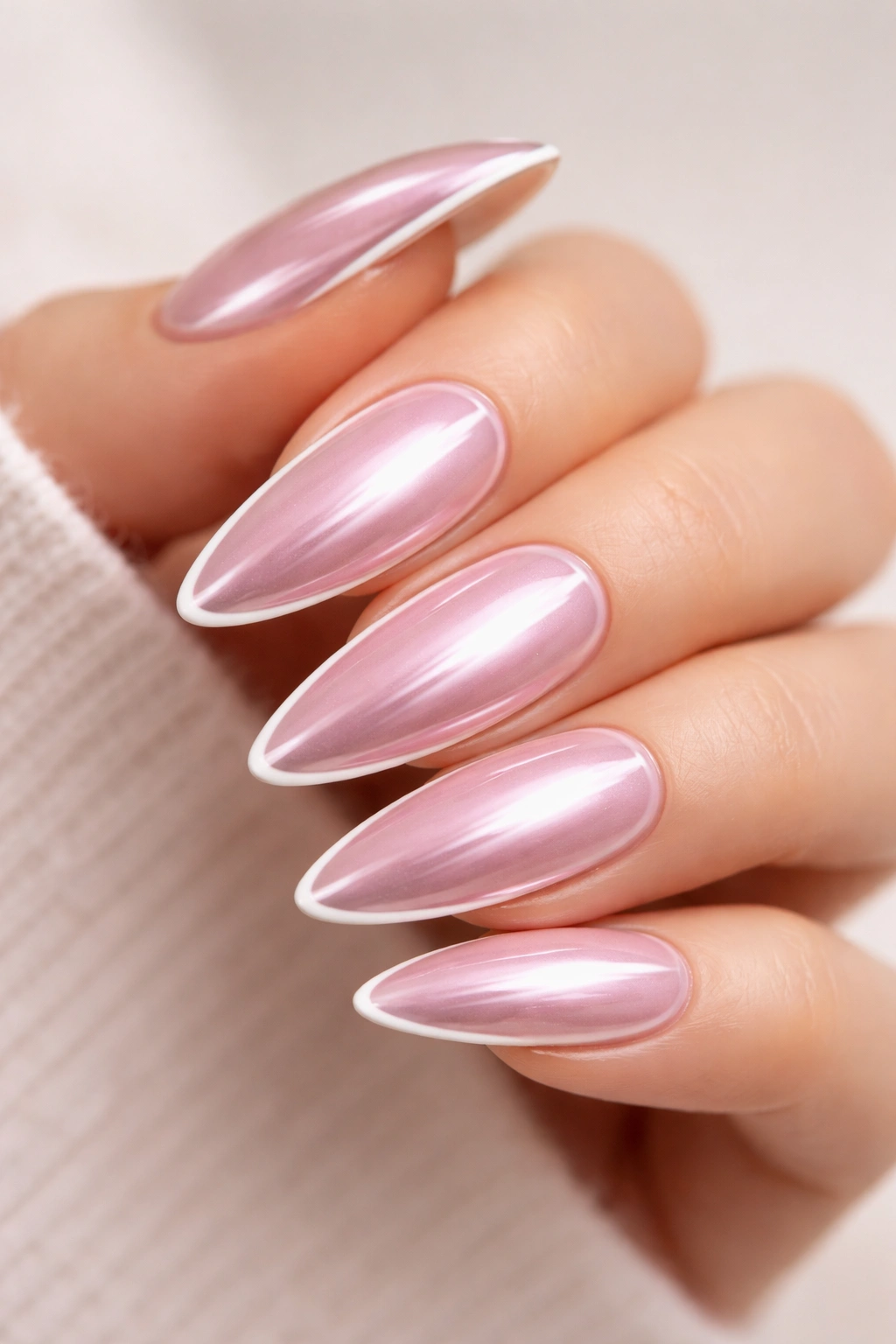 Close-up of almond nails with soft pink chrome and a white outline accent