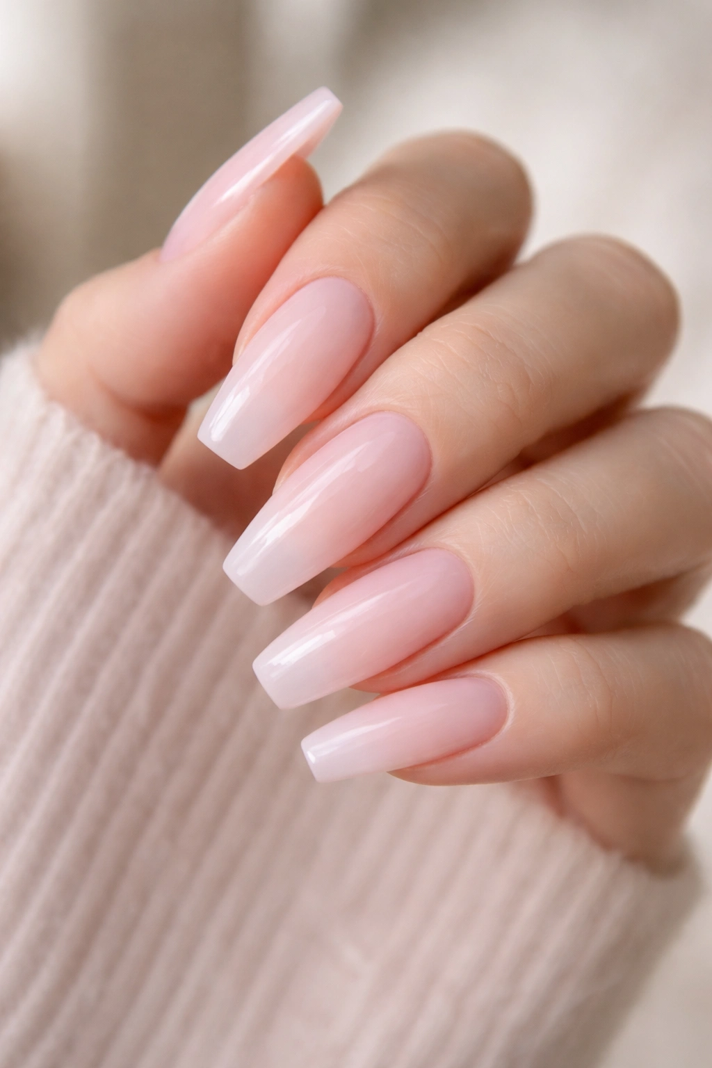 Close-up of a hand with coffin nails in soft milky pink, polished and natural.