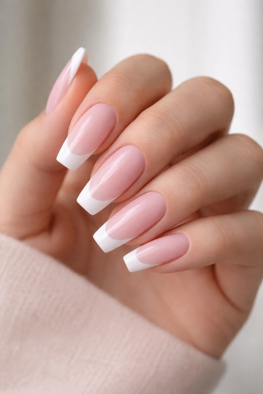 Close-up of soft pink coffin nails with delicate French tip