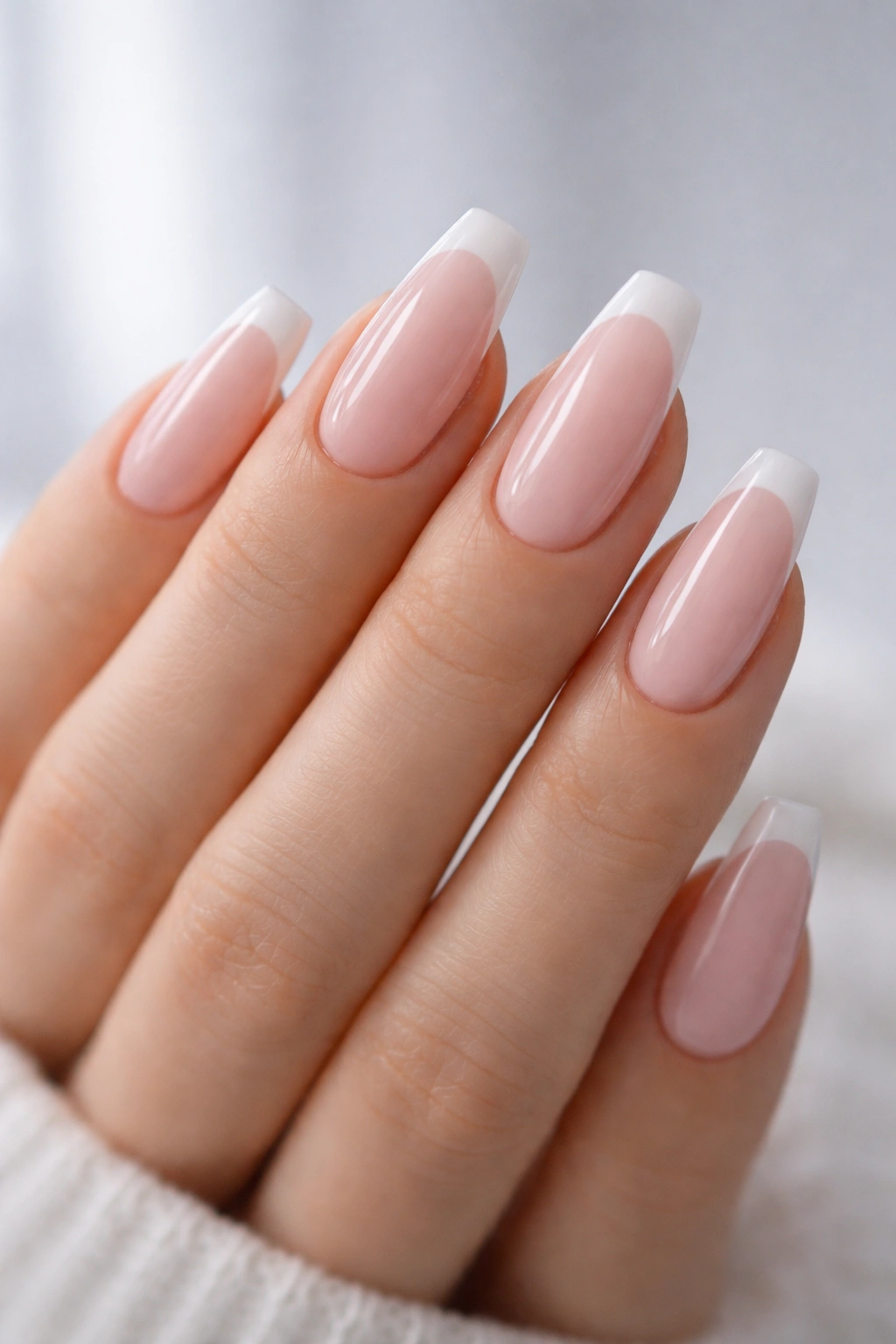 Soft pink coffin nails with a tiny white micro-French tip