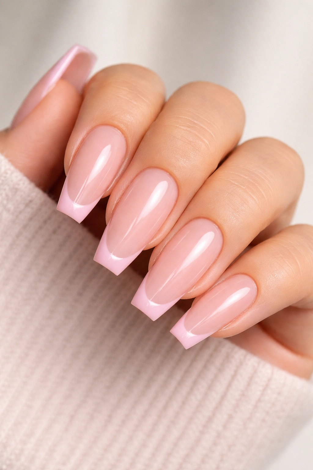 Soft pink micro-French coffin nails with slim pink tip line