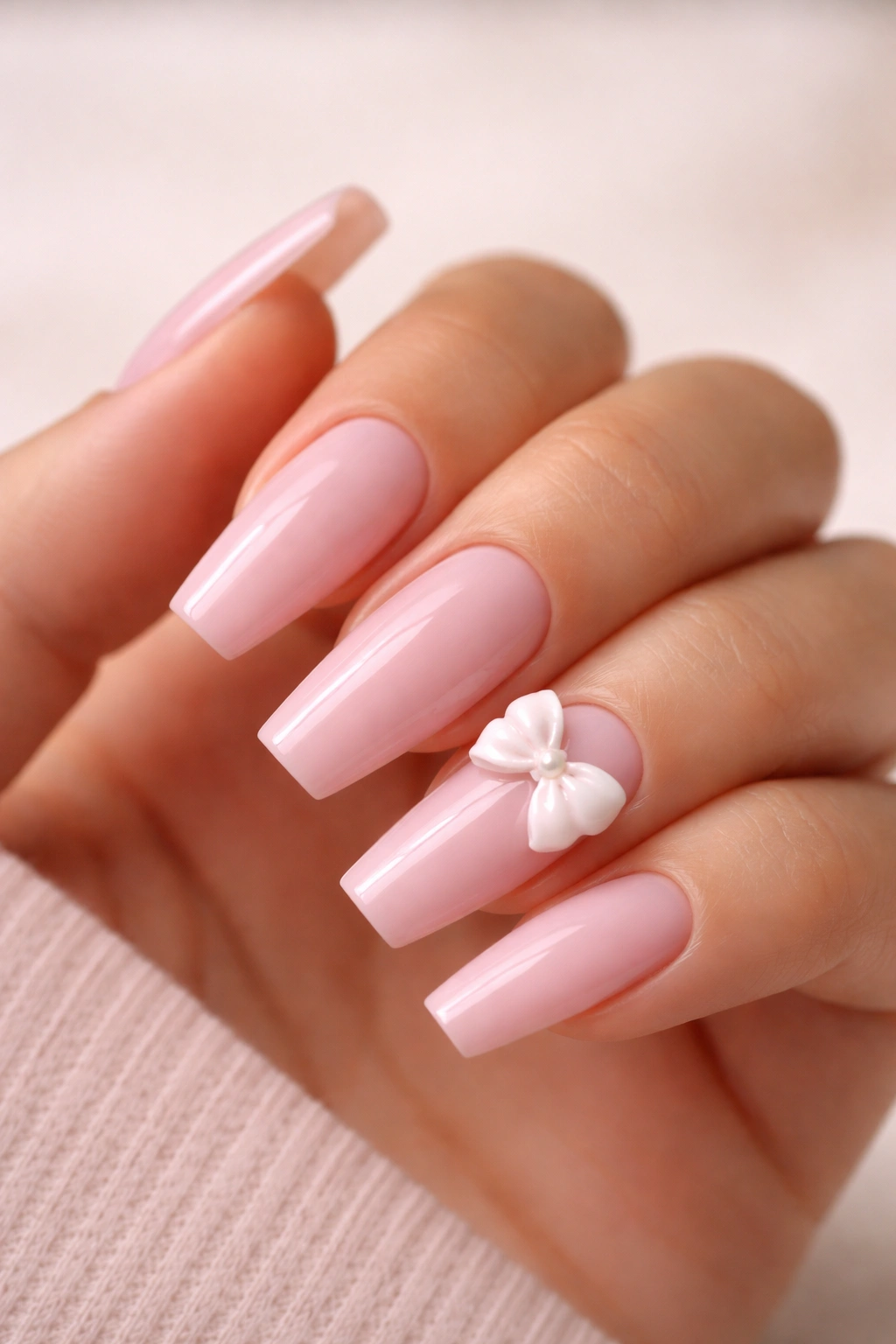 Close-up of soft pink coffin nails featuring a small 3D bow on one nail