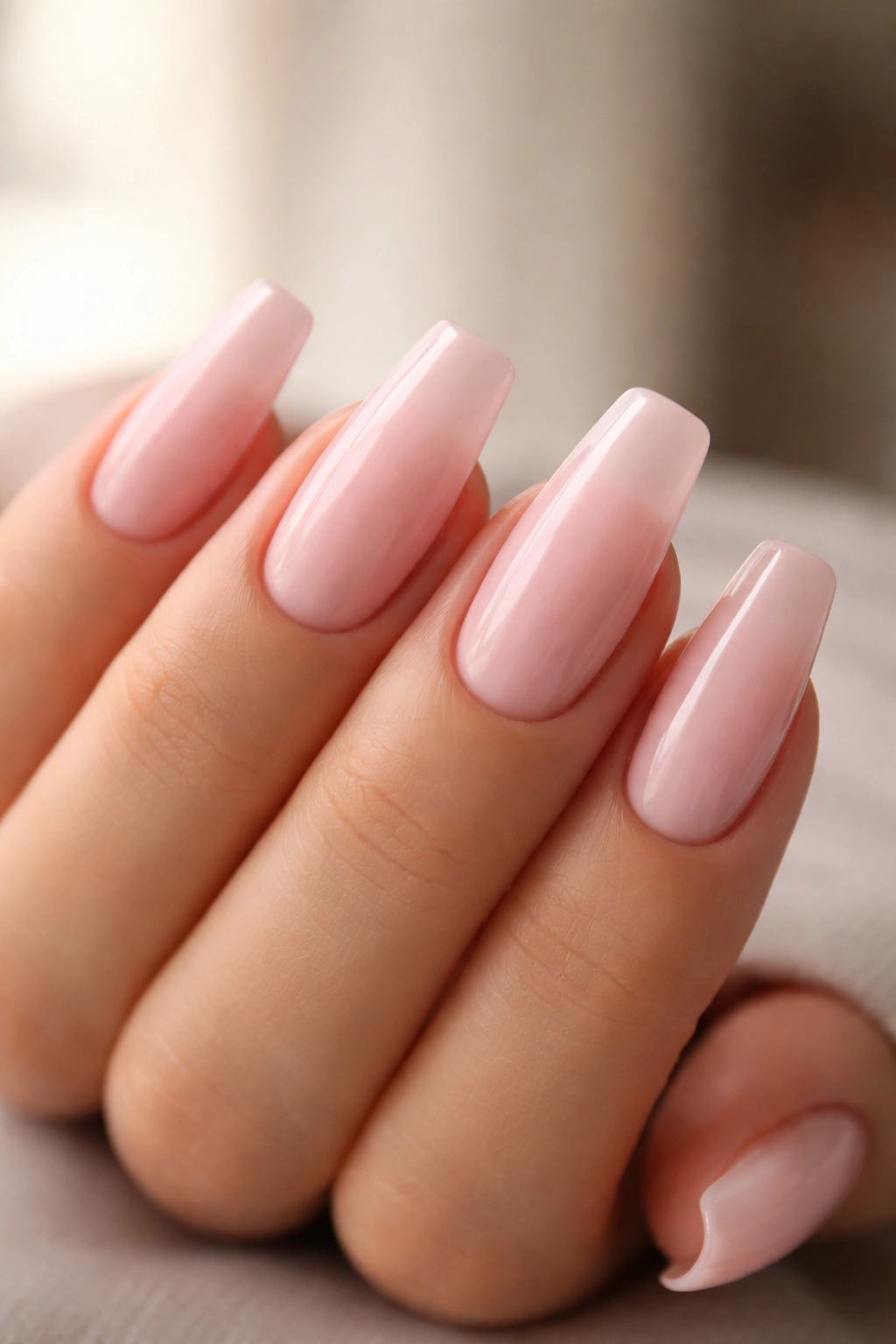 Close-up of soft pink coffin nails with slight tip wear on a clean neutral background