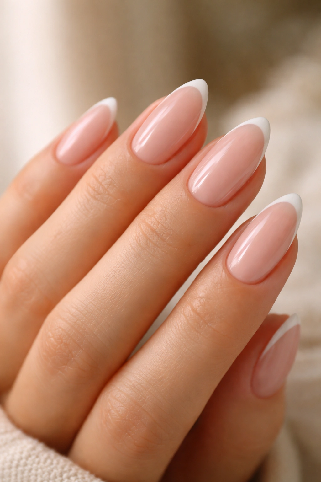 Close-up of almond-shaped nails with sheer pink base and ultra-thin white micro French tips