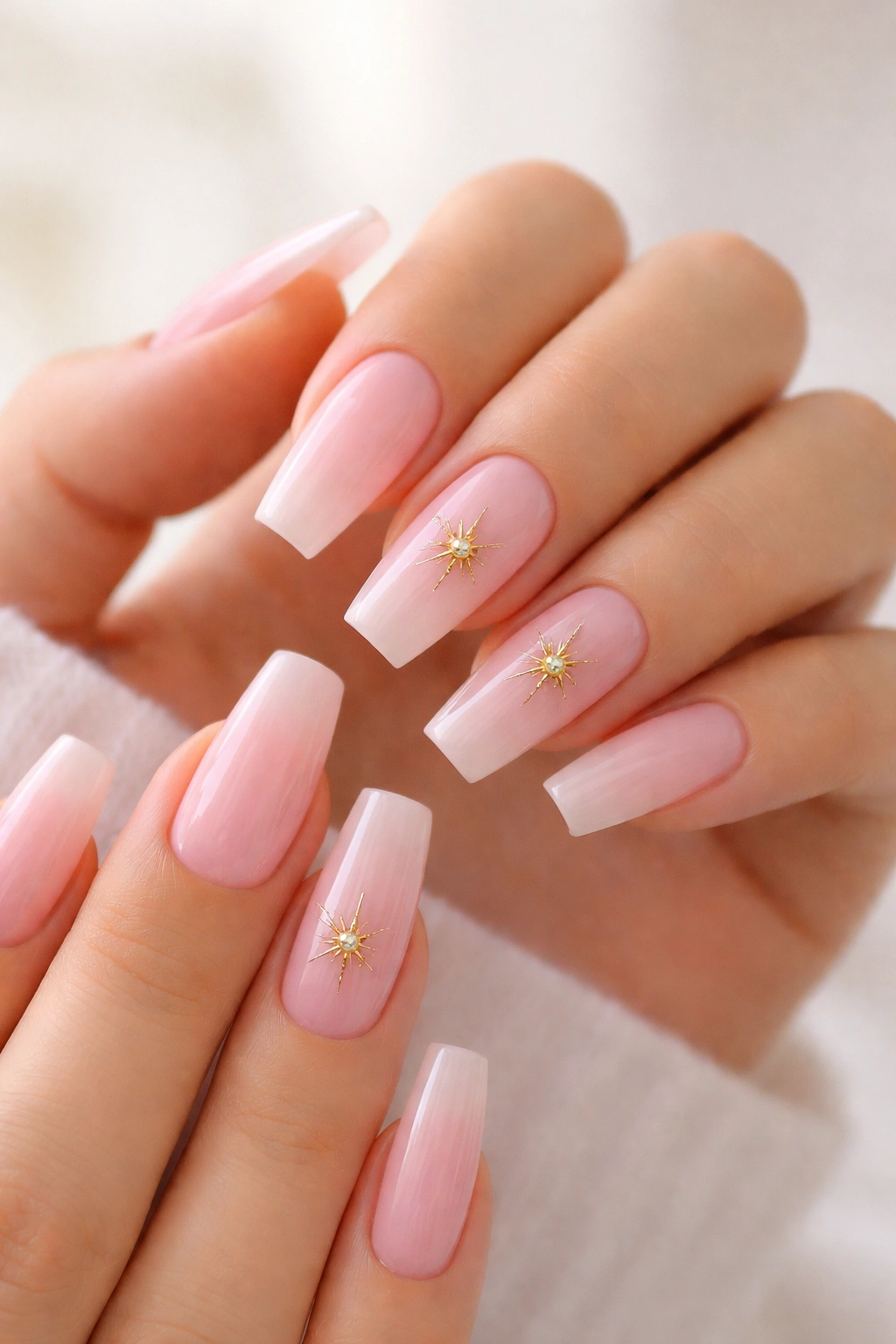 Soft pink coffin nails with gold starburst charm on center nails