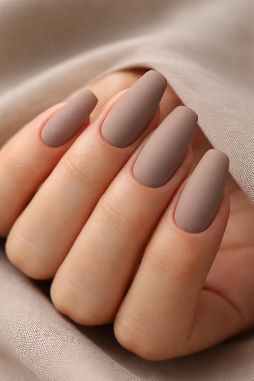 Close-up of soft taupe matte coffin nails on a well-manicured hand.