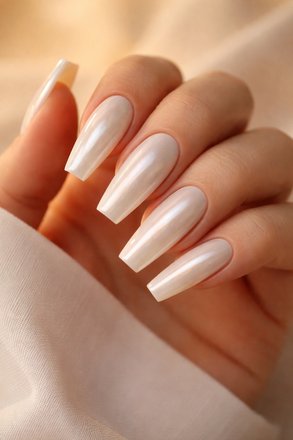 Close-up of soft vanilla white chrome coffin nails with warm glow