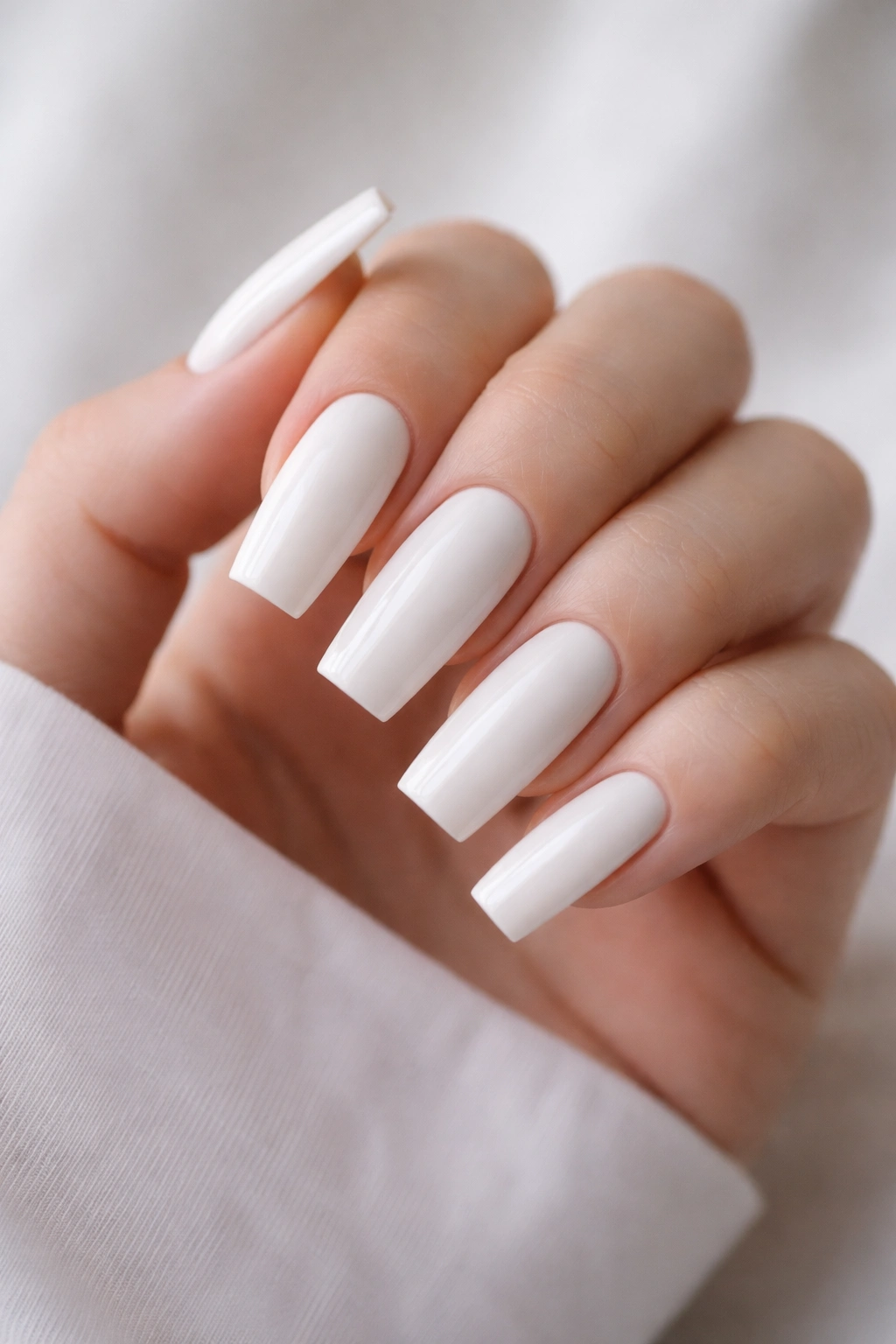 Close-up of soft white coffin nails on a hand