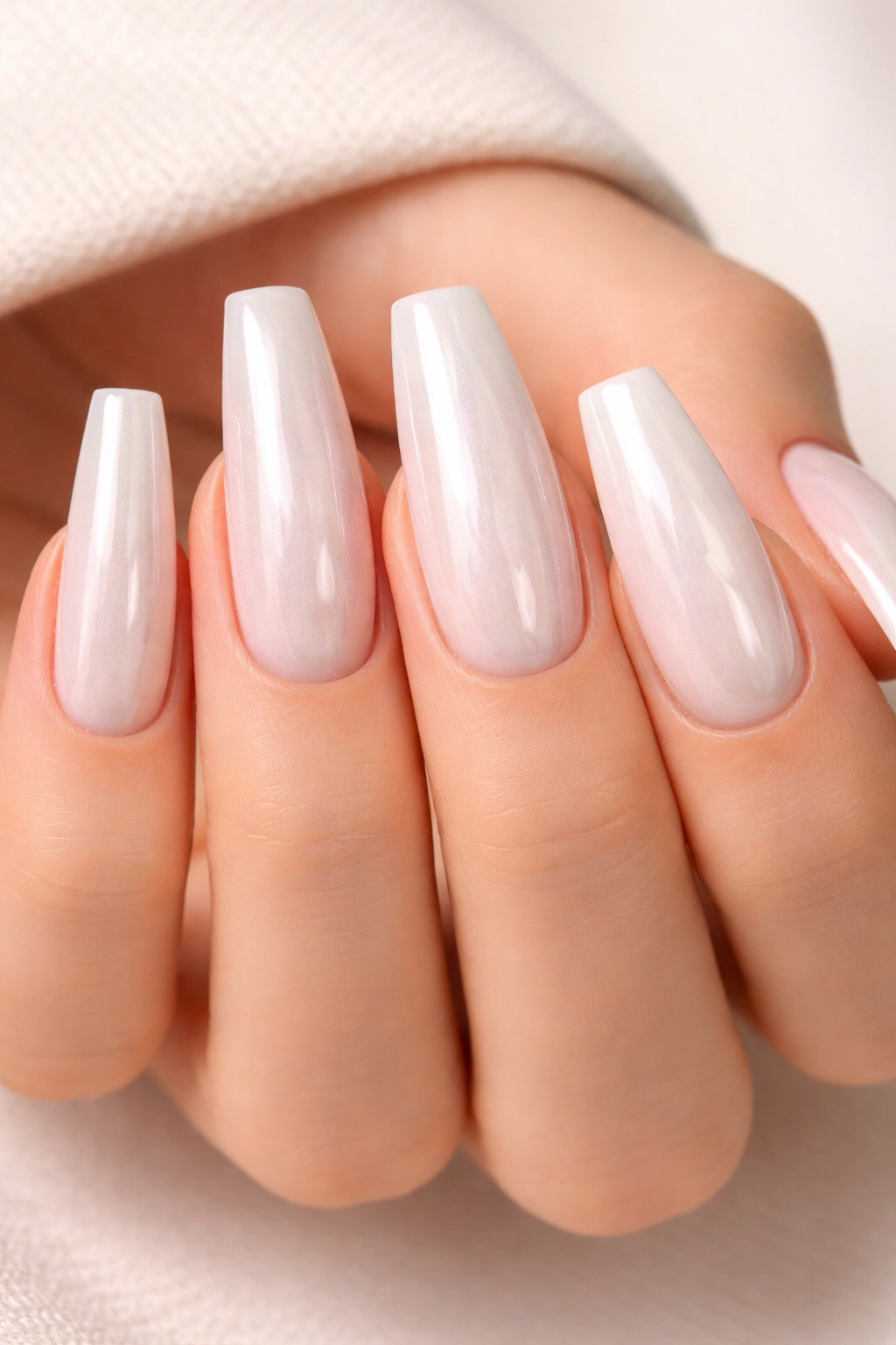 Soft white coffin nails with pearl chrome glaze
