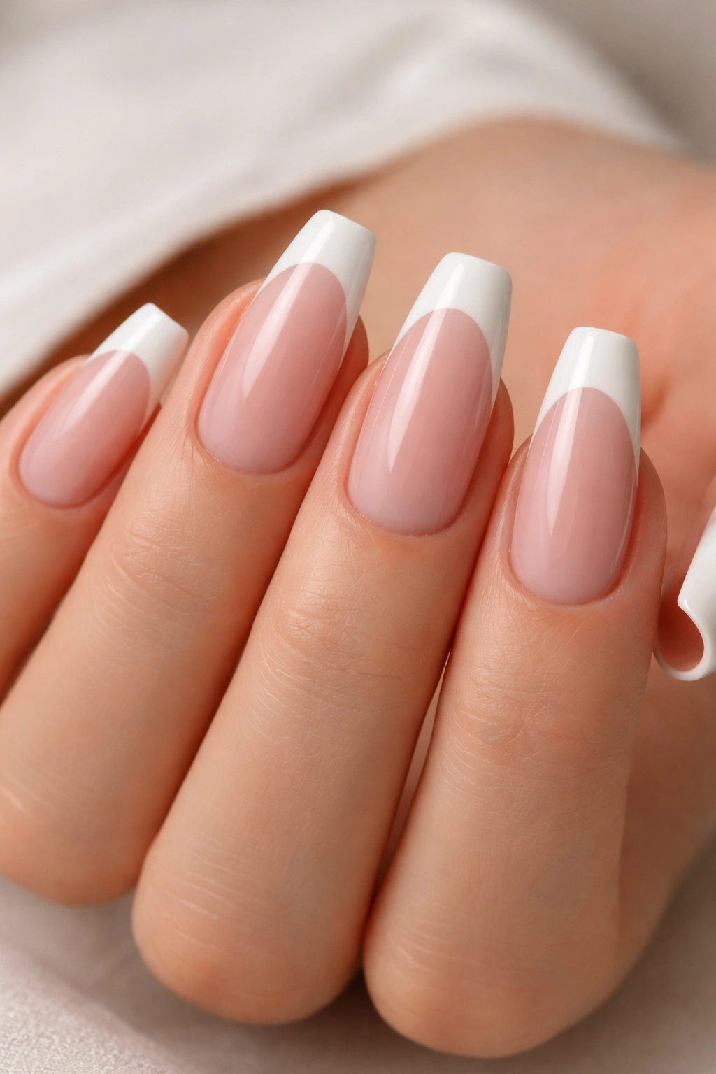 Medium coffin nails with a soft white French tip over a sheer pink base