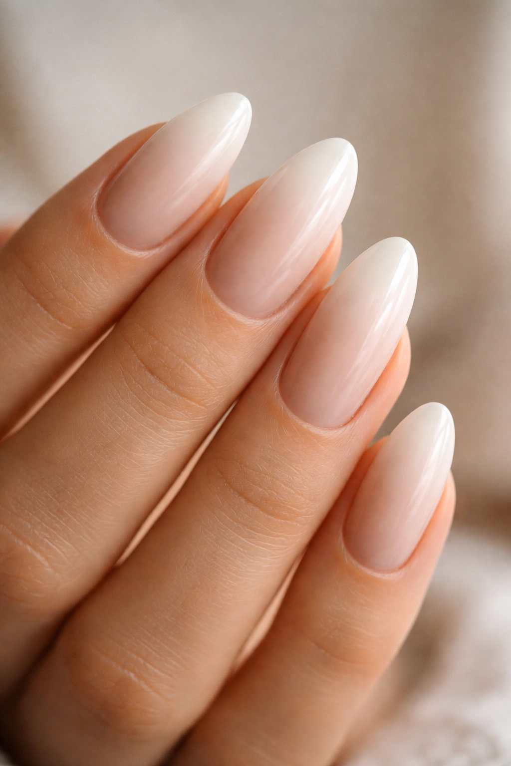 Close-up of soft white ombré almond nails with feathered edge on neutral background