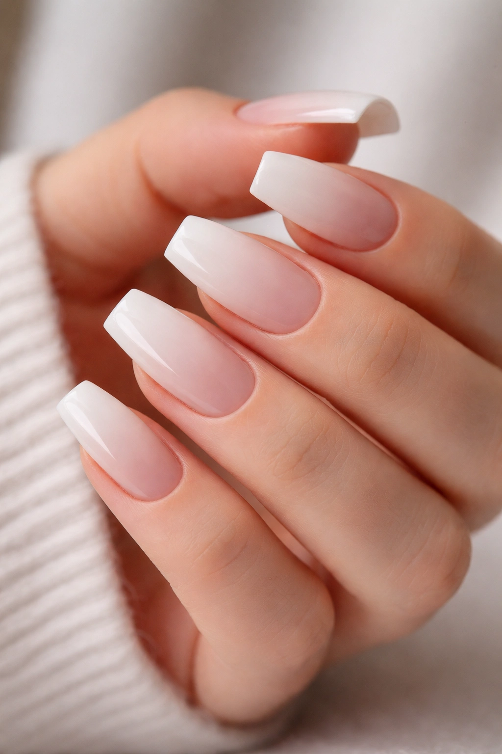 Close-up of soft white ombré baby boomer coffin nails fading into a nude base