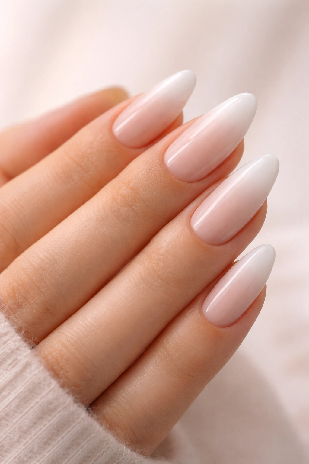 Close-up of almond nails in a soft white ombre fade from nude to white