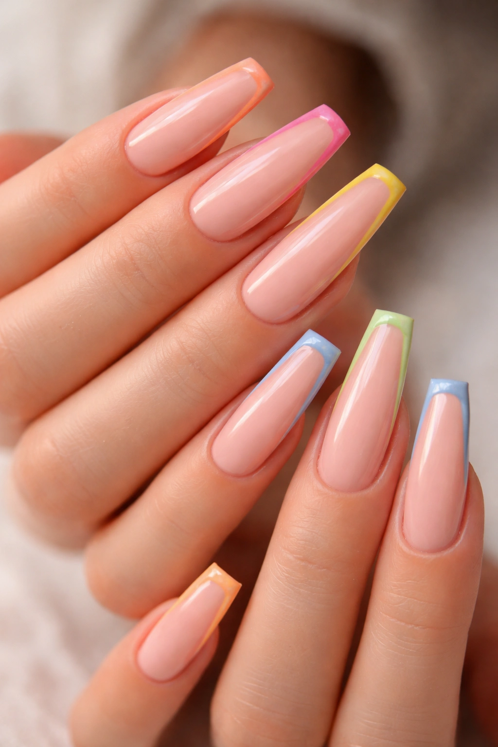 Close-up of extra-long coffin nails with thin sorbet outlines in multiple pastel hues.