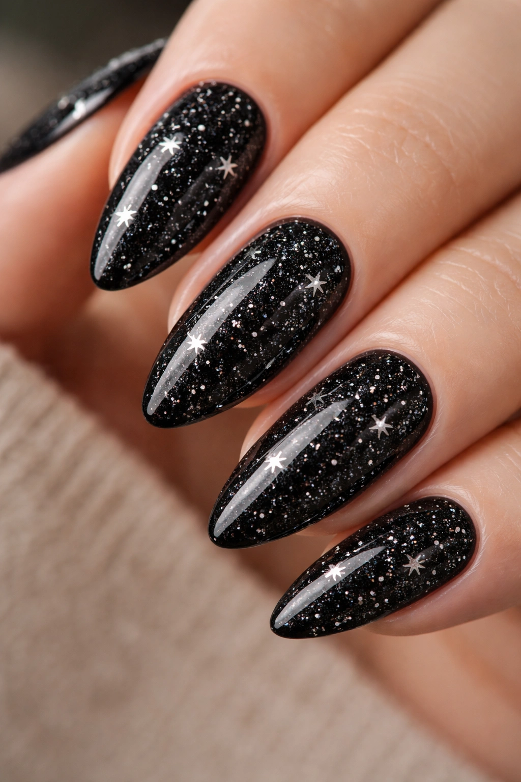 Close-up of almond nails with tiny silver specks on black base