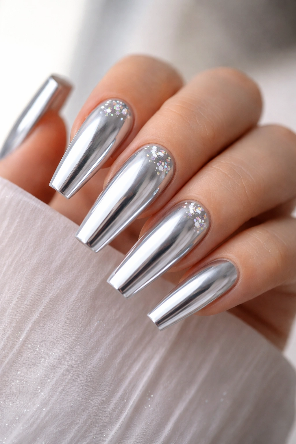 Close-up of silver chrome coffin nails with tiny star accents
