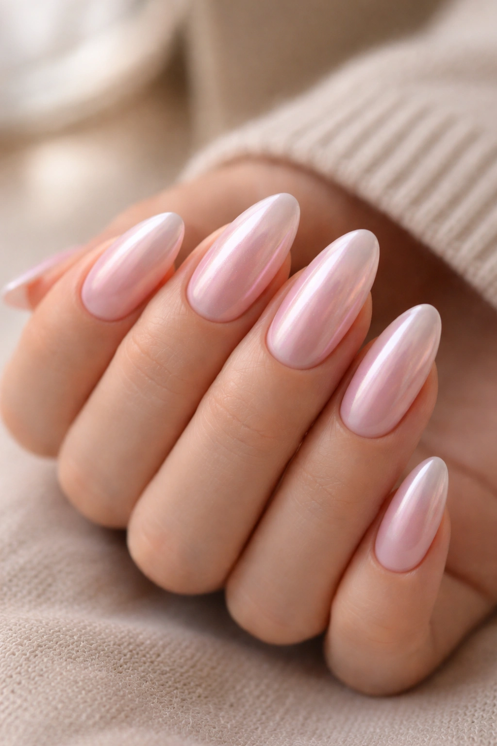 Creamy pink strawberry milk chrome on almond nails.