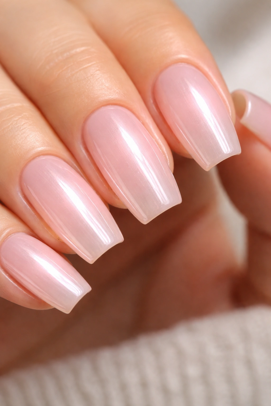 Short coffin nails with strawberry milk pink base and light chrome veil