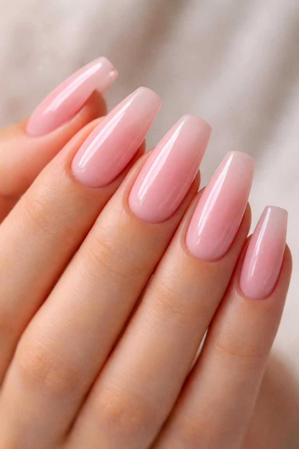 Coffin nails in strawberry milk pink with glossy translucent finish