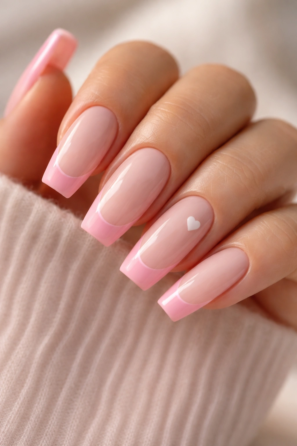 Close-up of strawberry milk tips with a tiny heart accent on medium coffin nails