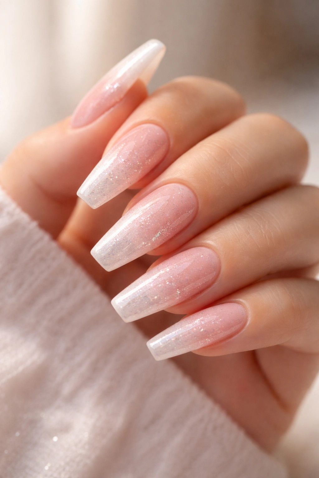 Close-up of strawberry milk coffin nails with micro glitter