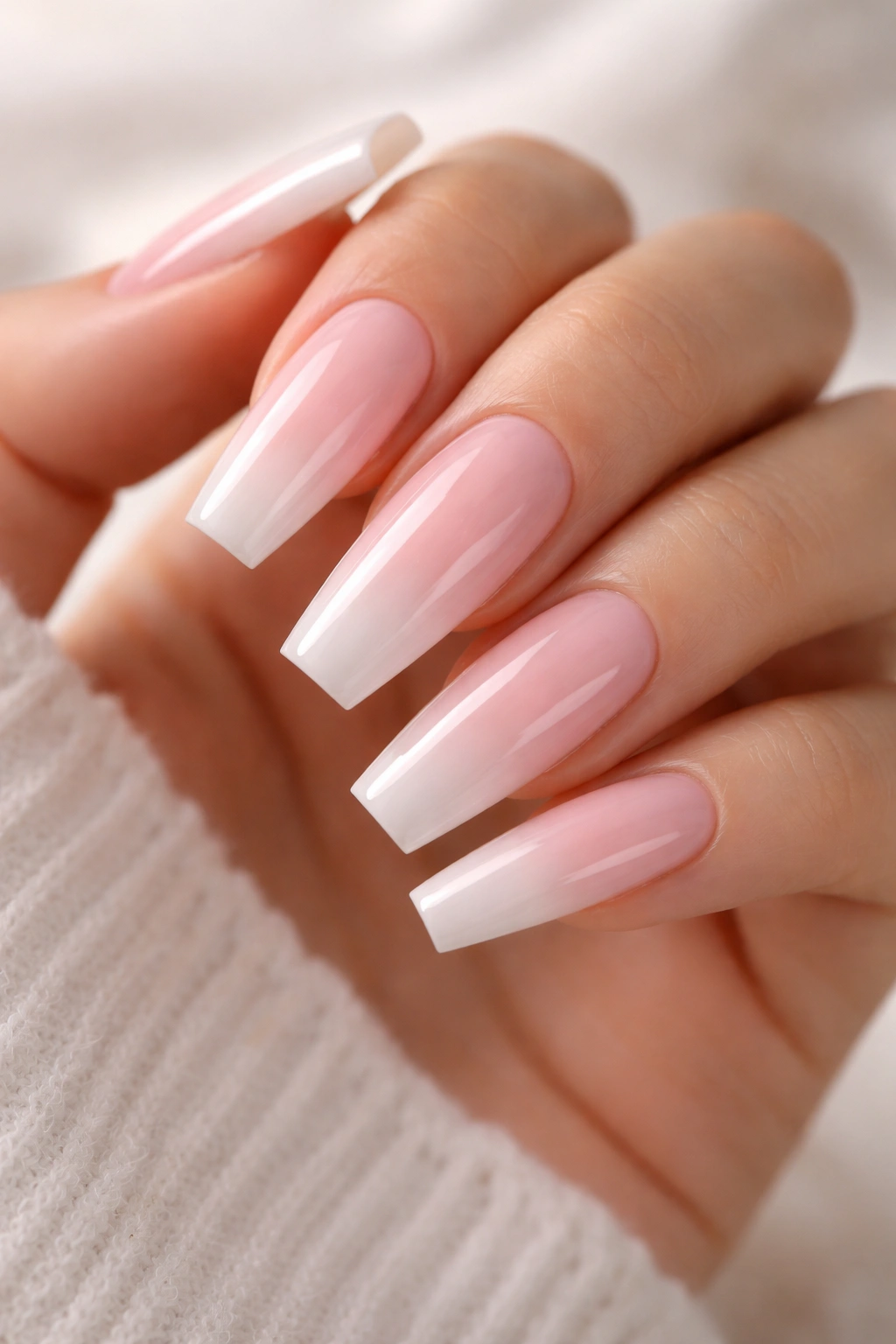 Close-up of strawberry milk coffin nails with milky pink and white cloud finish