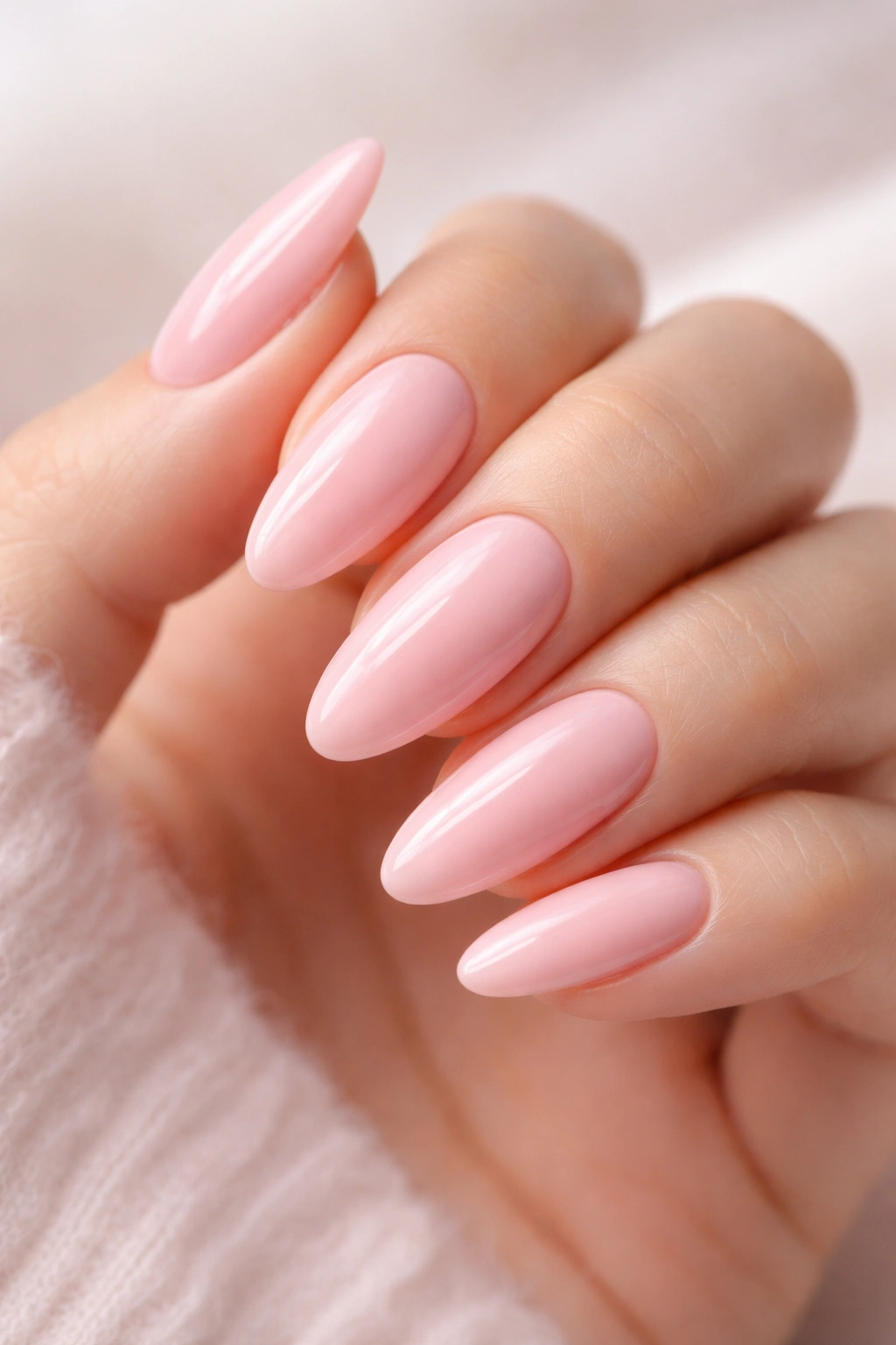 Close-up of almond nails painted strawberry milk pink with a glossy finish