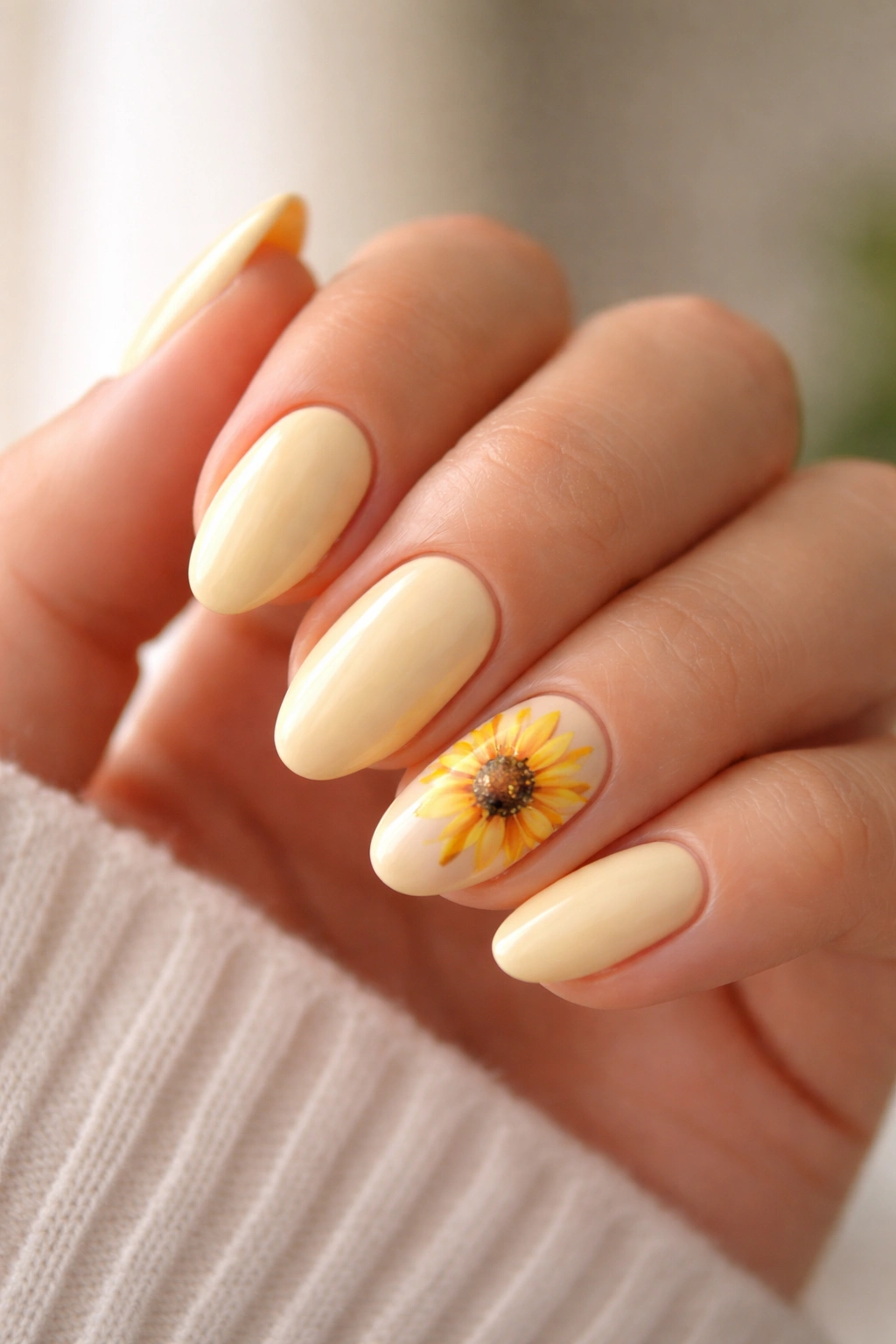 Short almond nails with a sunflower accent on one nail