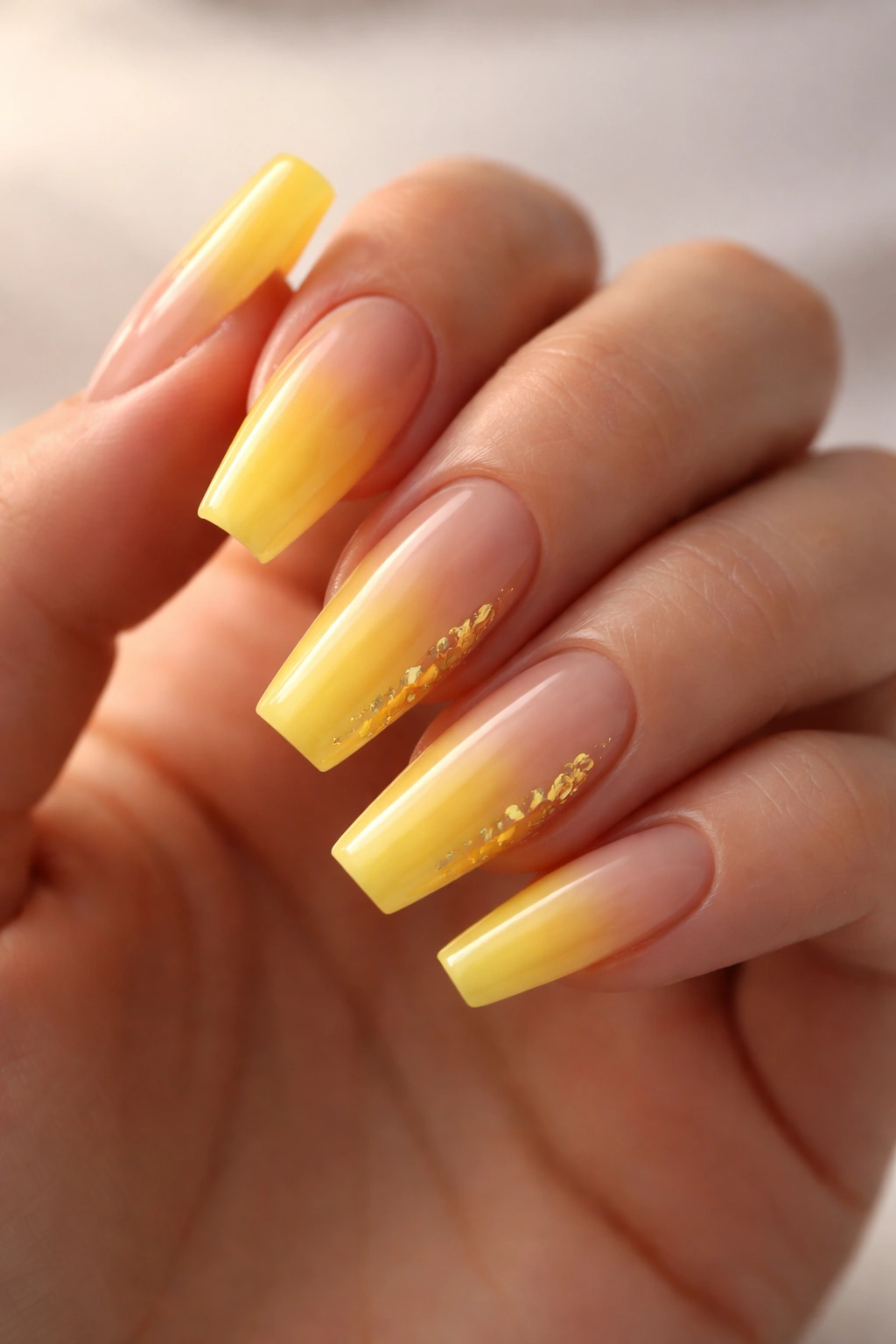 Close-up of coffin nails in sunflower yellow ombre with gold foil flecks