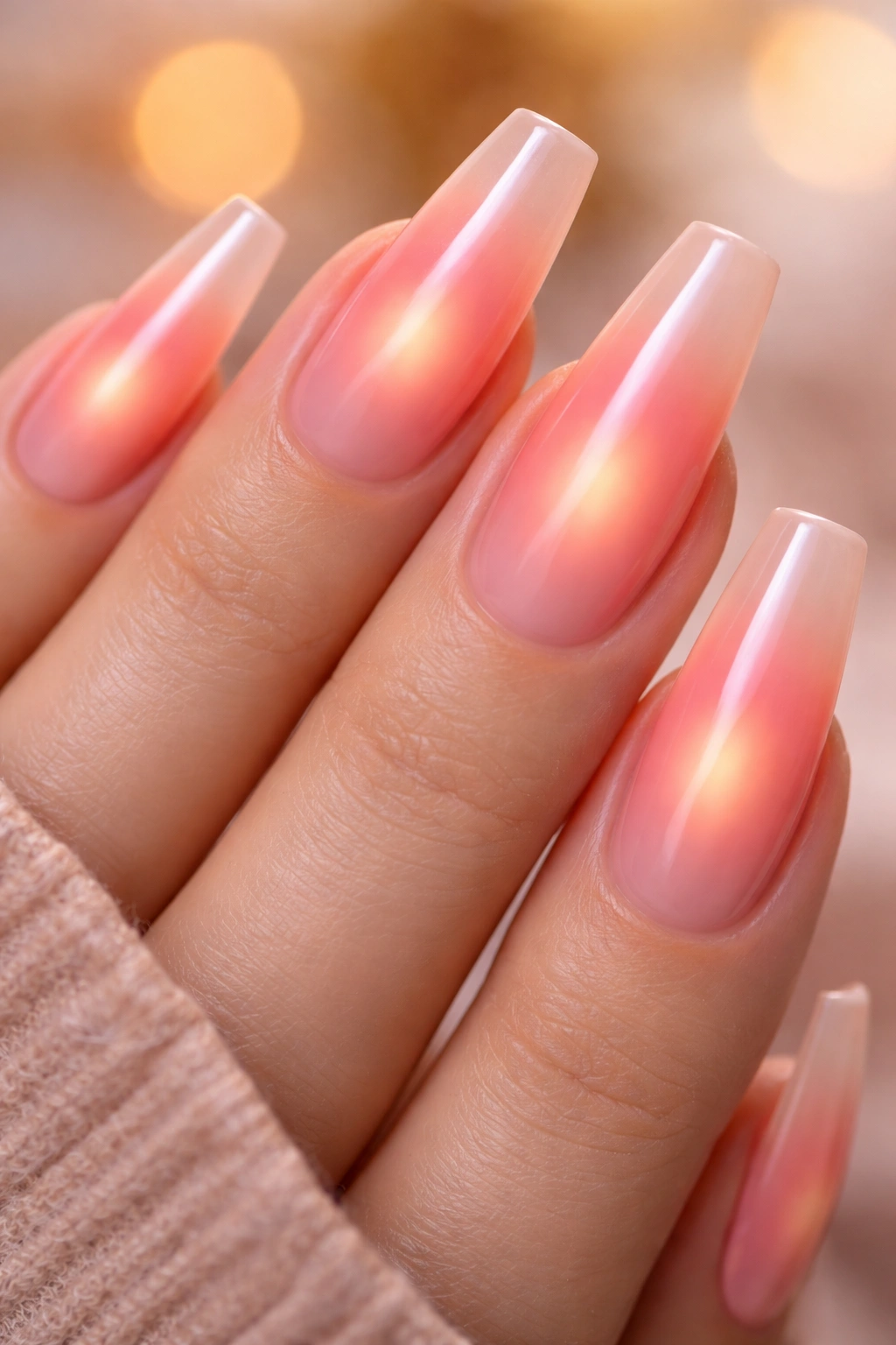 Coffin nails with sunset halo glow in peach and magenta