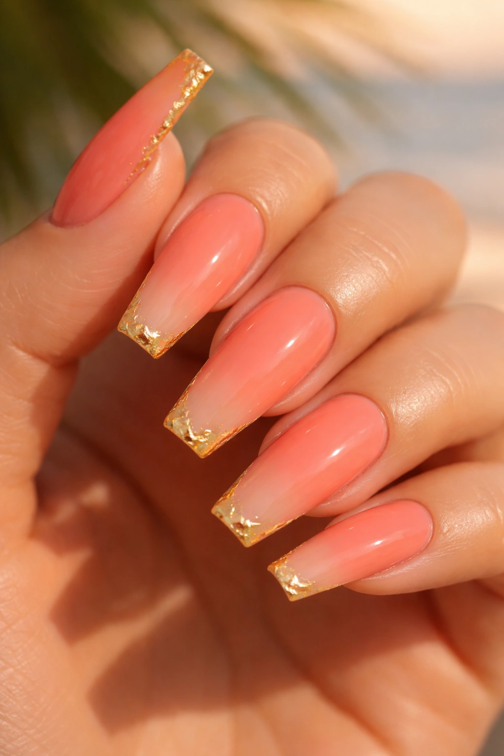 Sunset coral coffin nails with gold foil edges